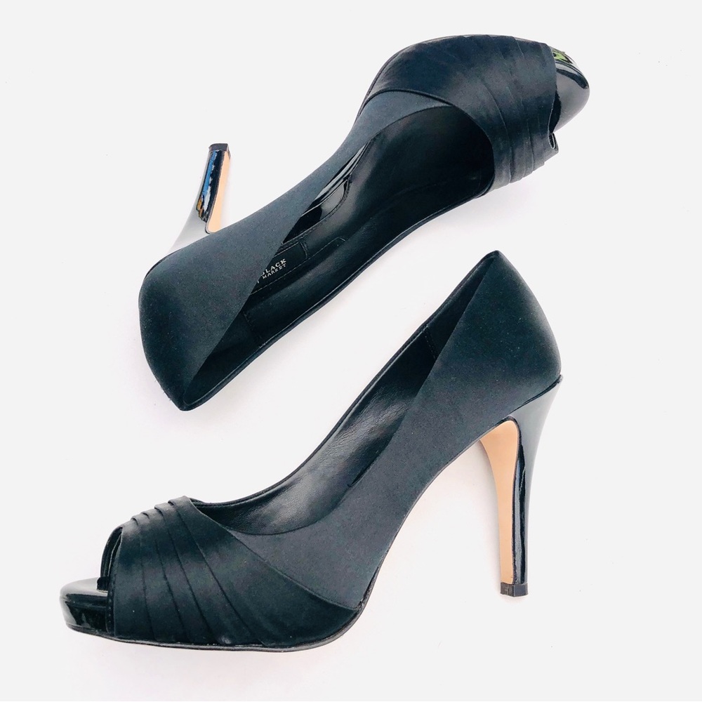 White House Black Market 4” black pump, open toe with satin accent